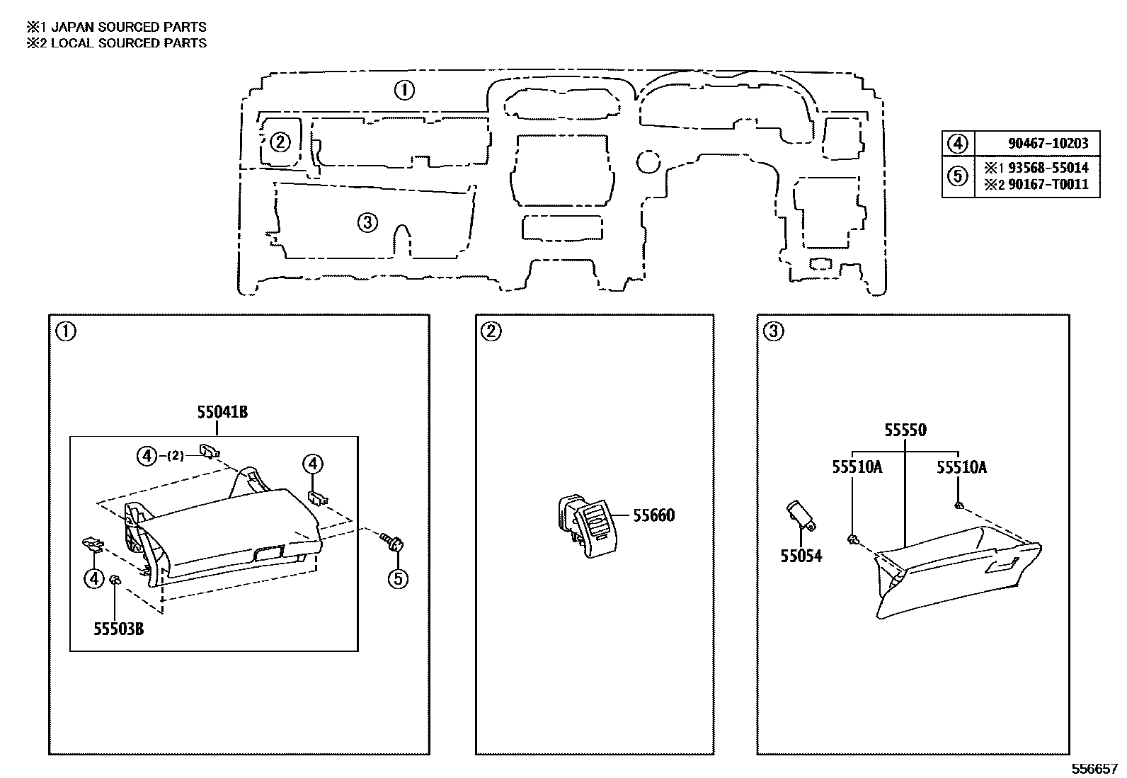 Toyota COROLLA 仪表板和手套箱 EPC diagram — 556657