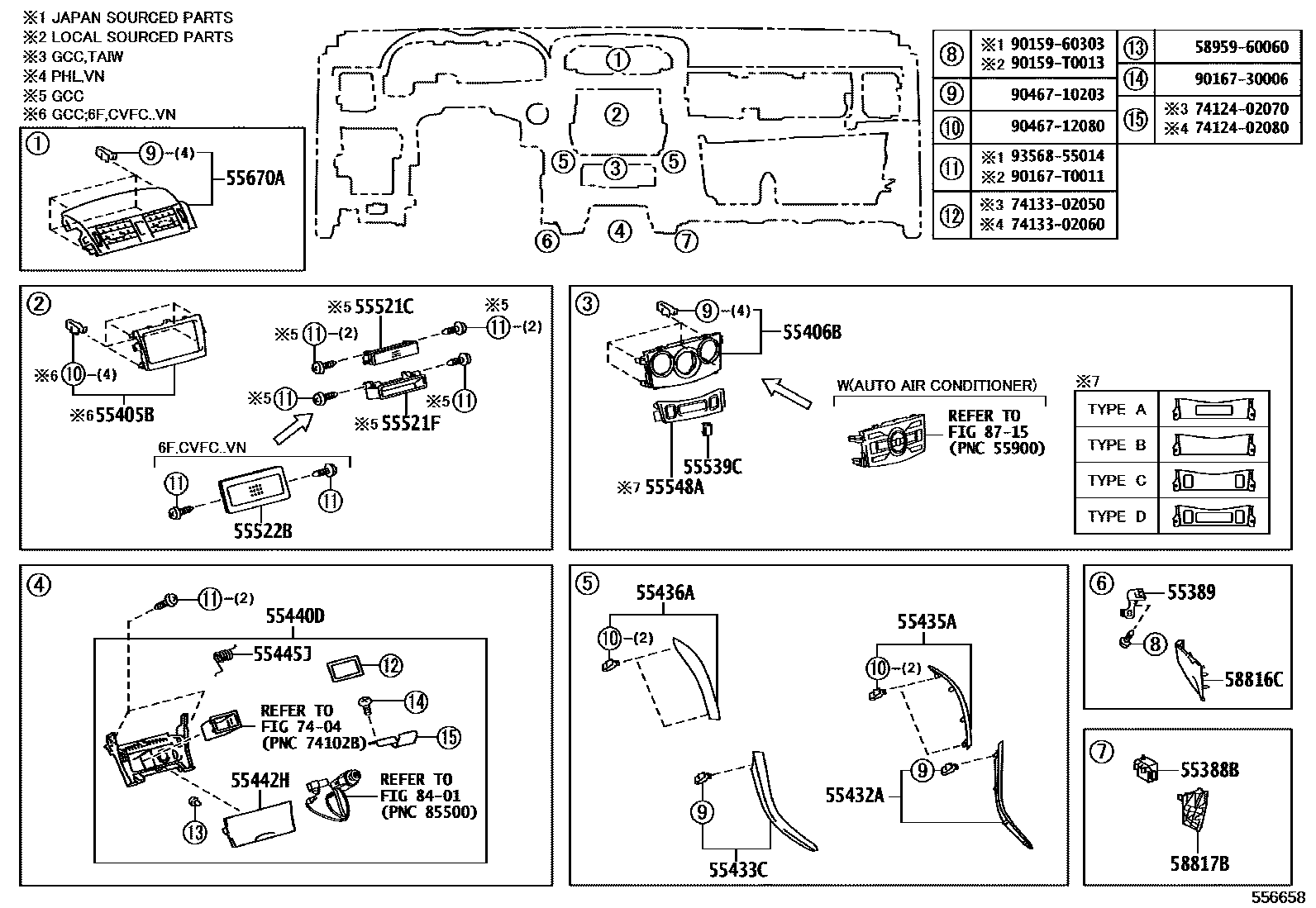 Toyota COROLLA 仪表板和手套箱 EPC diagram — 556658