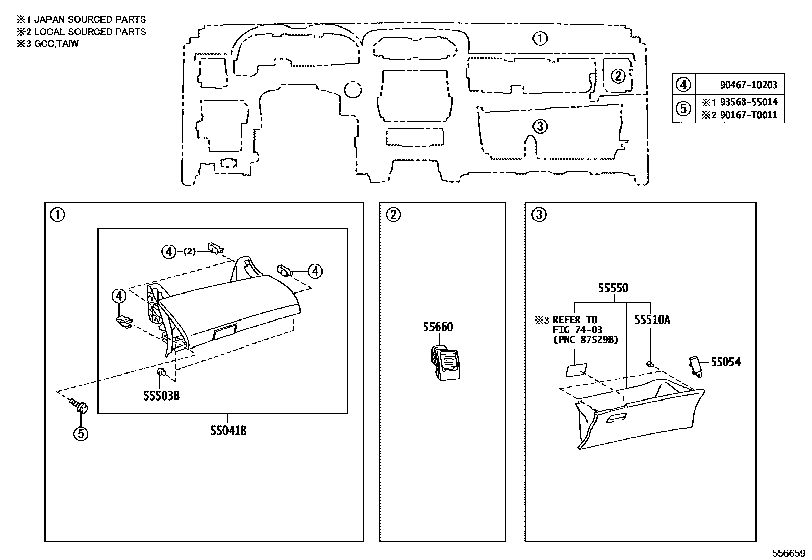 Toyota COROLLA 仪表板和手套箱 EPC diagram — 556659