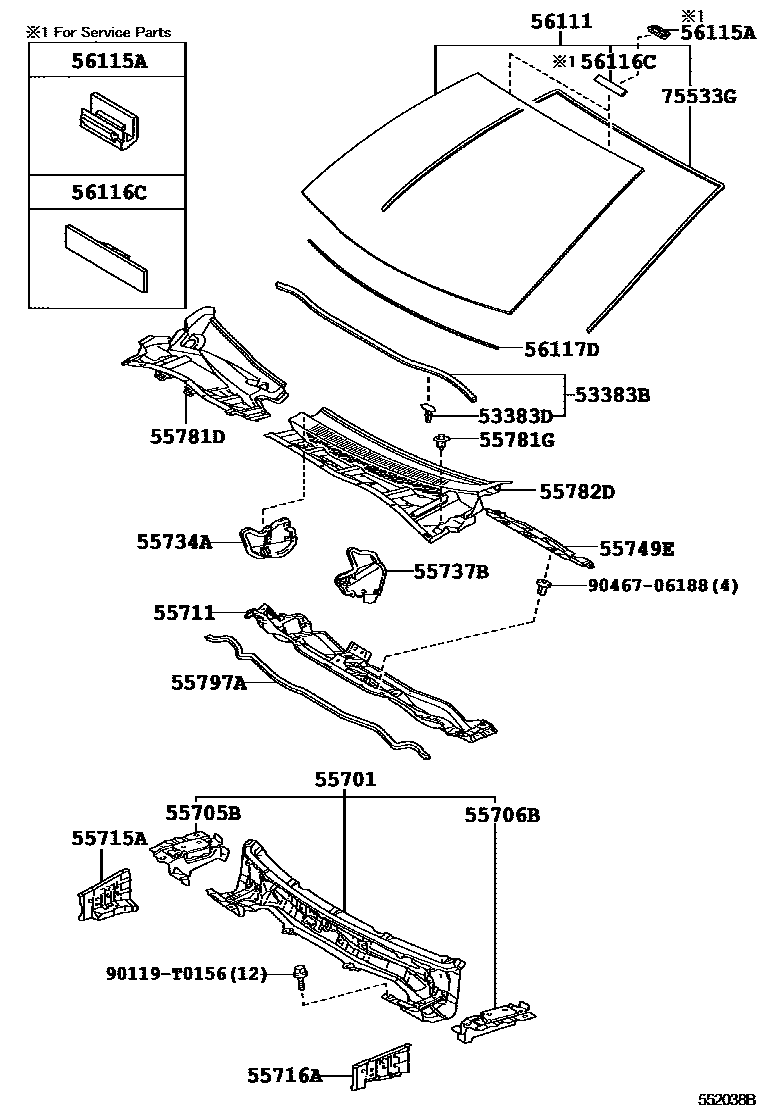Toyota COROLLA 前围板和挡风玻璃 EPC diagram — 552038B