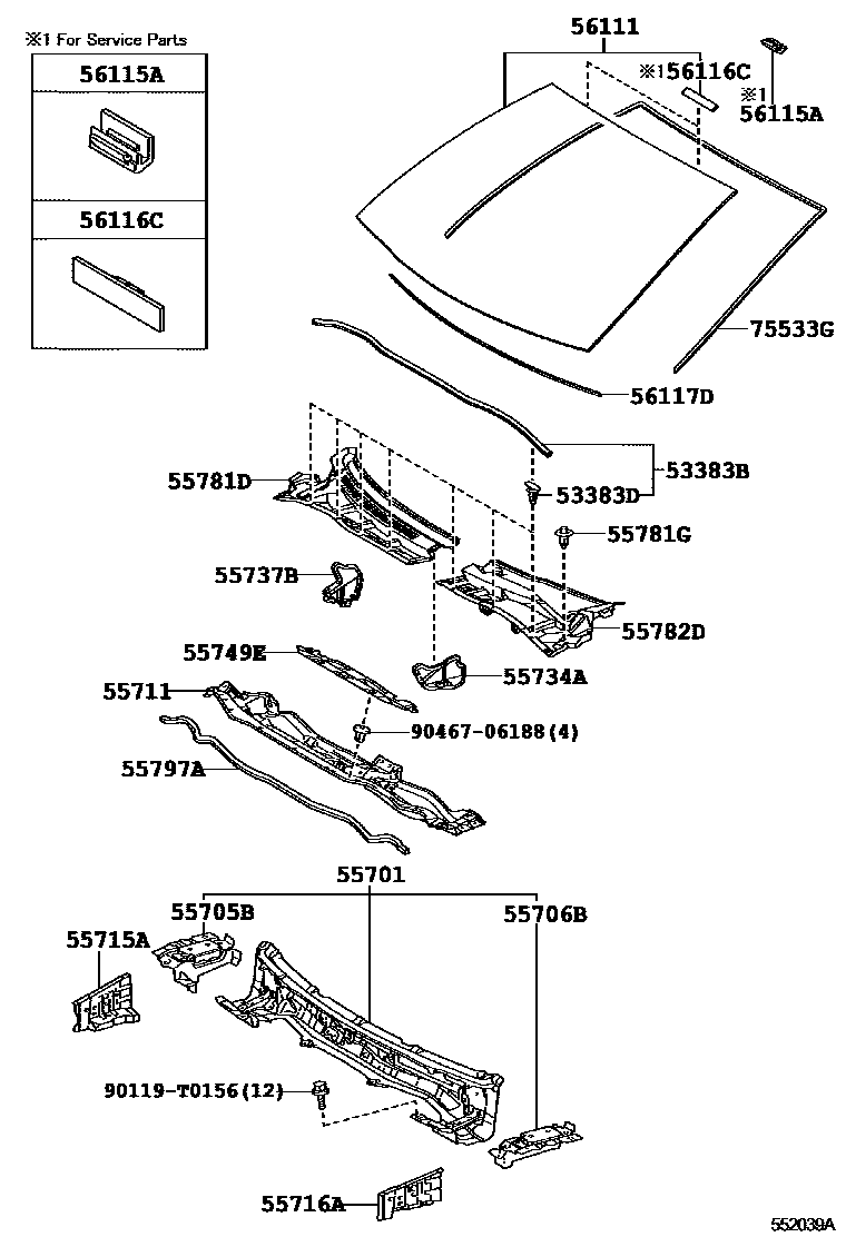 Toyota COROLLA 前围板和挡风玻璃 EPC diagram — 552039A