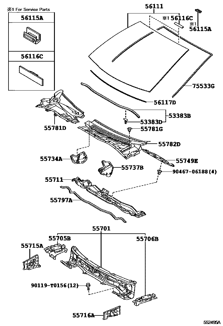 Toyota COROLLA 前围板和挡风玻璃 EPC diagram — 552495A