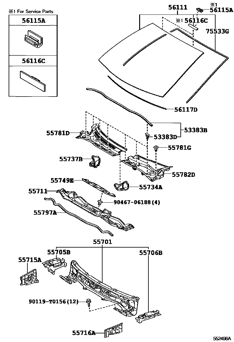 Toyota COROLLA 前围板和挡风玻璃 EPC diagram — 552496A