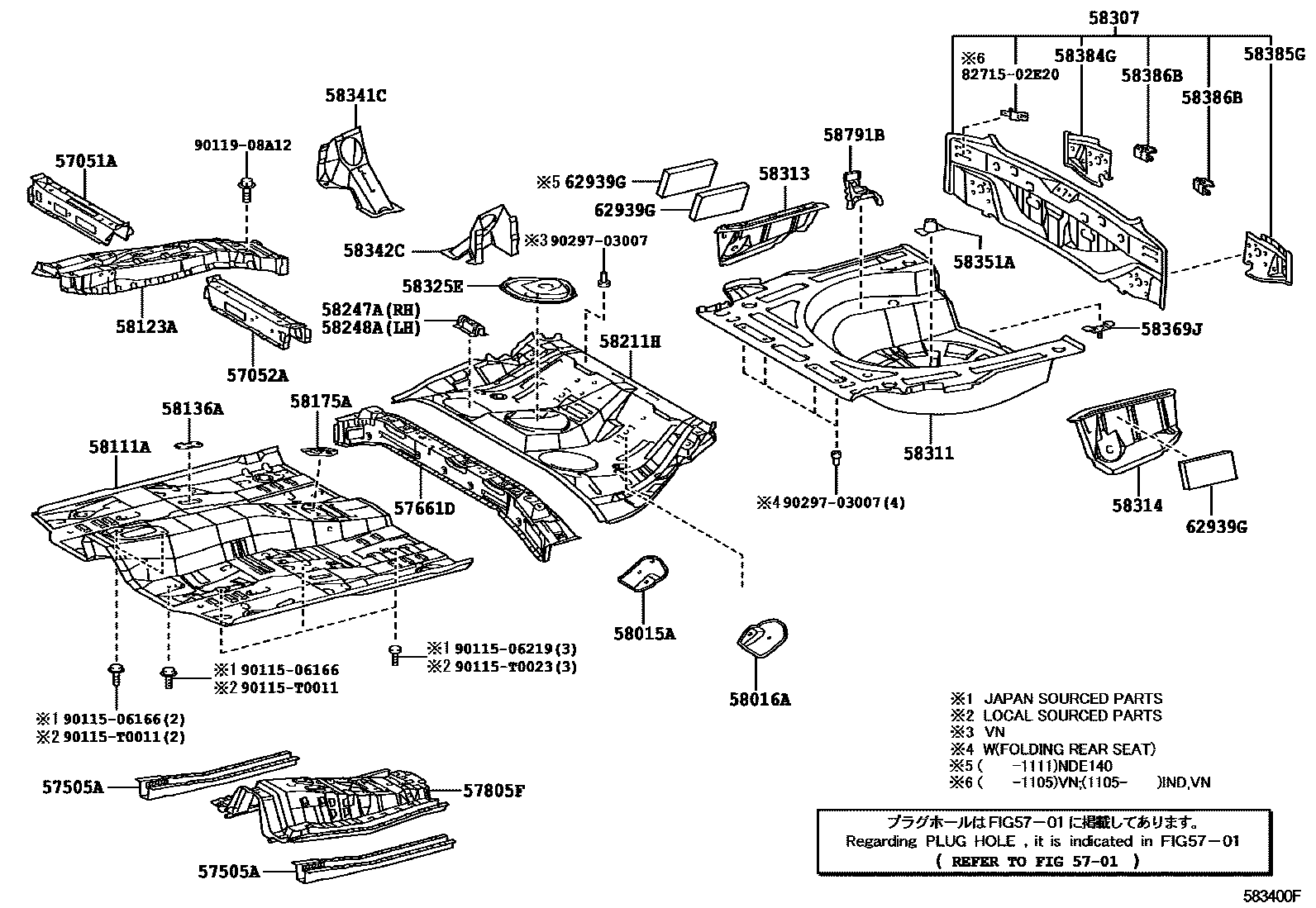 Toyota COROLLA 浅盘形地板和车身下背板 EPC diagram — 583400F