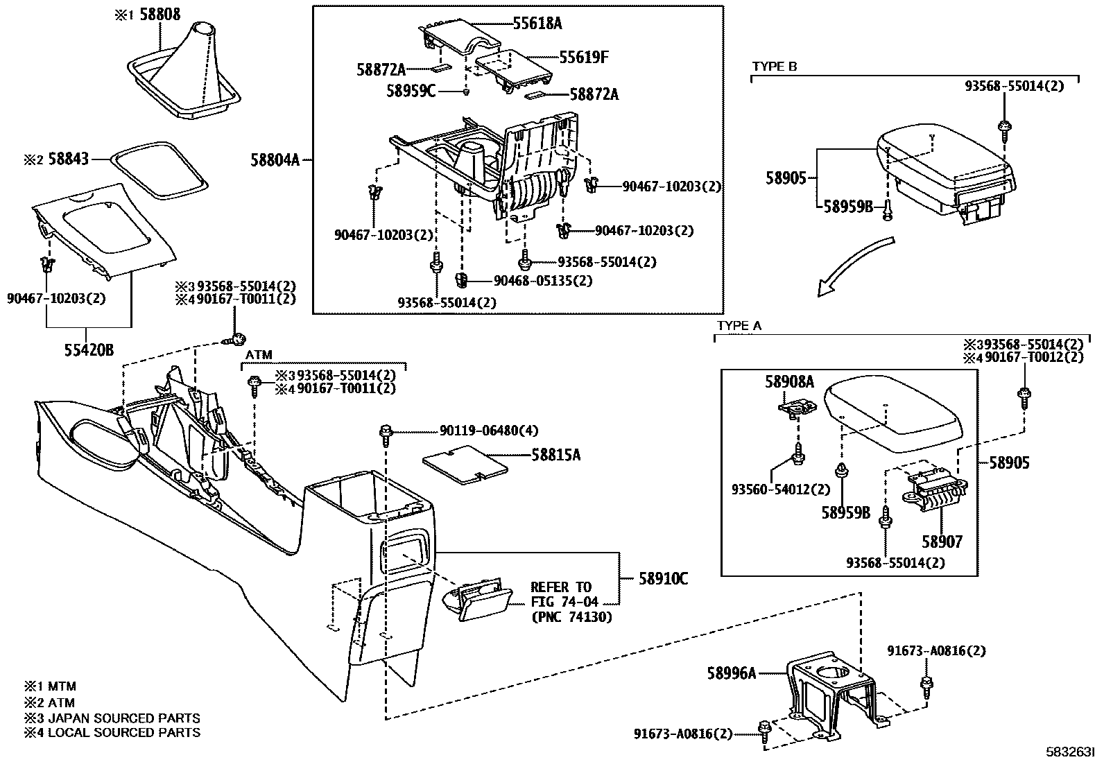 Toyota COROLLA 中央扶手箱和支架 EPC diagram — 583263I