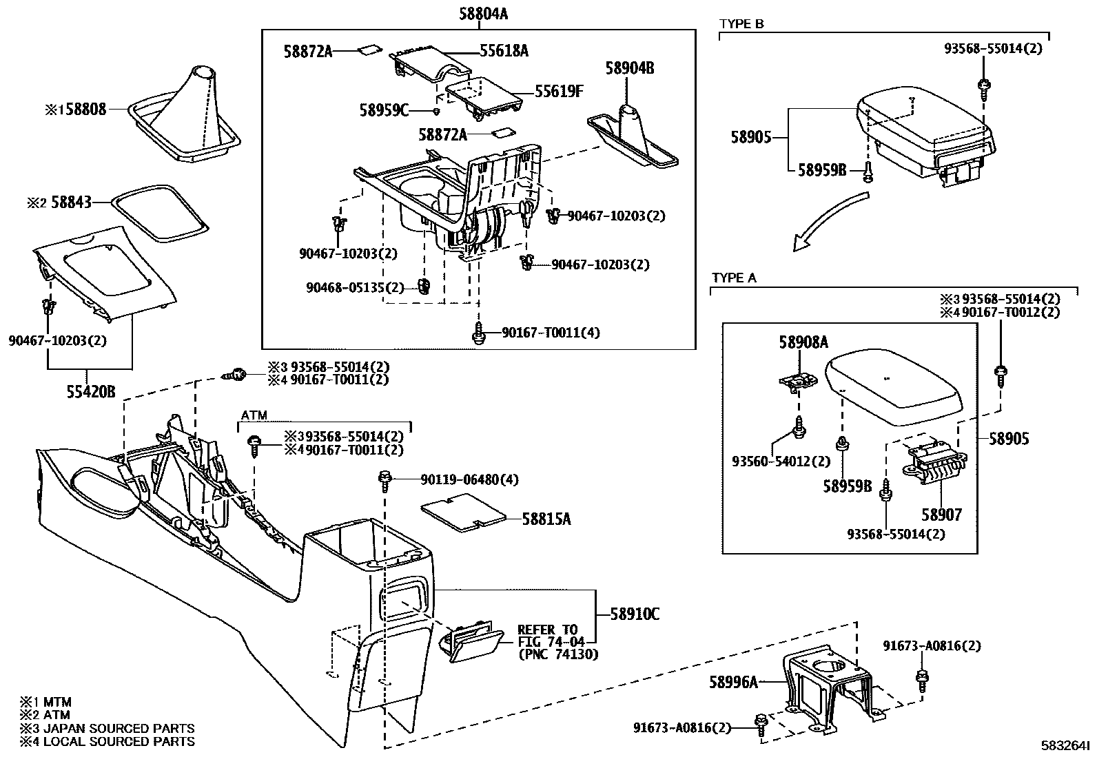Toyota COROLLA 中央扶手箱和支架 EPC diagram — 583264I