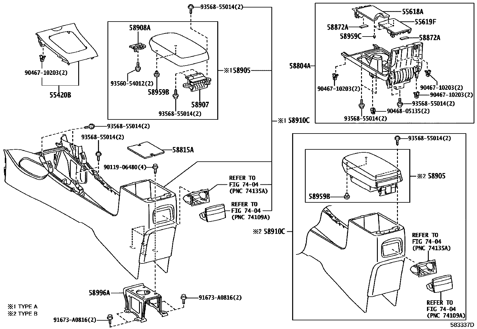 Toyota COROLLA 中央扶手箱和支架 EPC diagram — 583337D