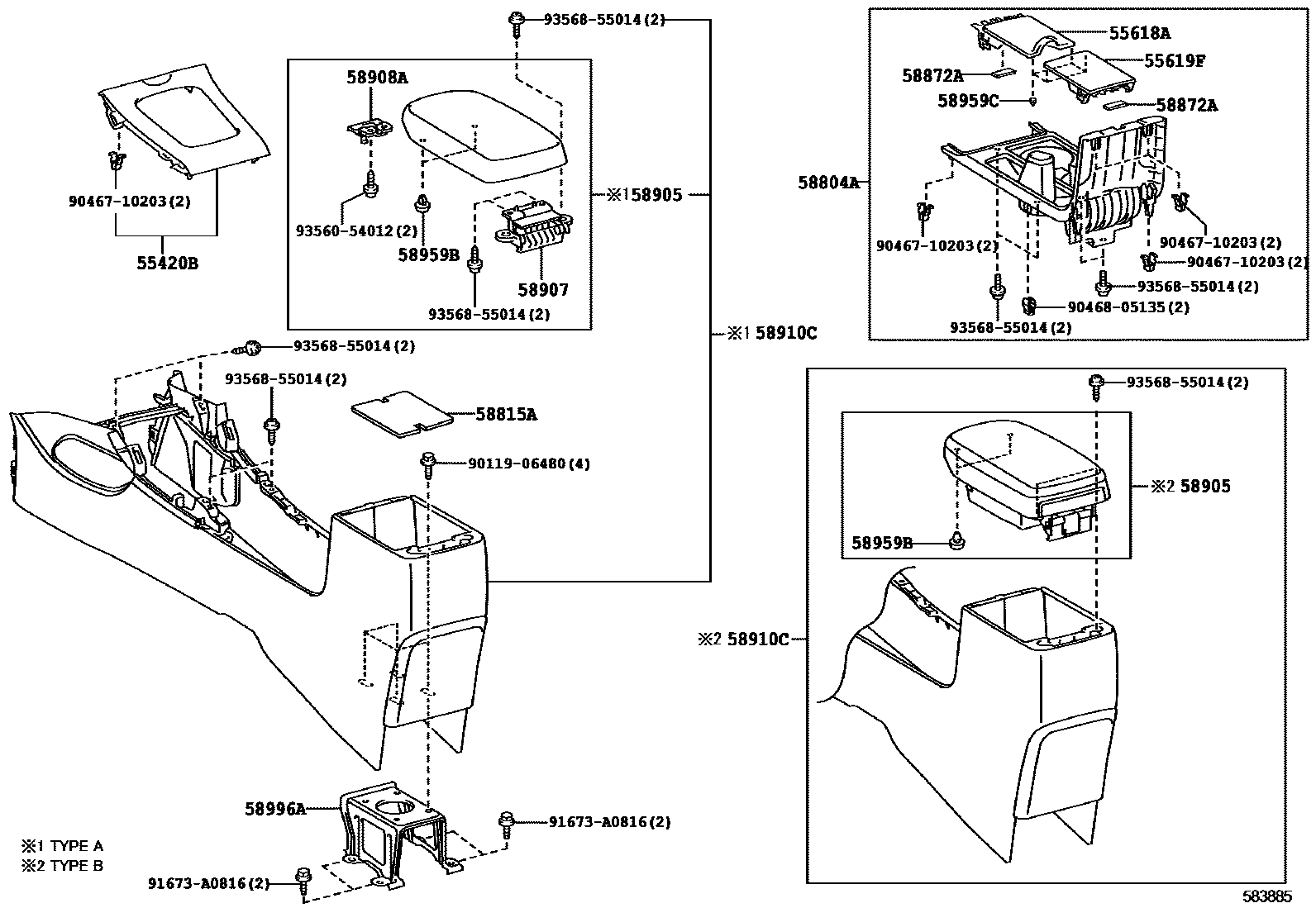 Toyota COROLLA 中央扶手箱和支架 EPC diagram — 583885