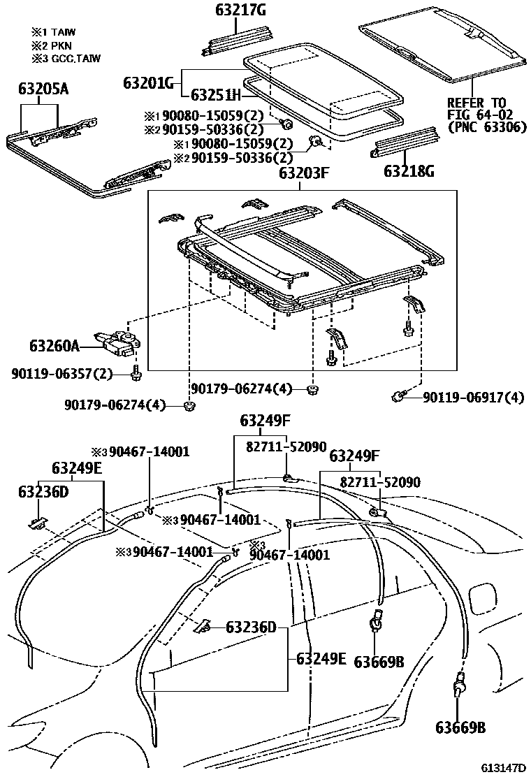 Toyota COROLLA 天窗板和背窗玻璃 EPC diagram — 613147D