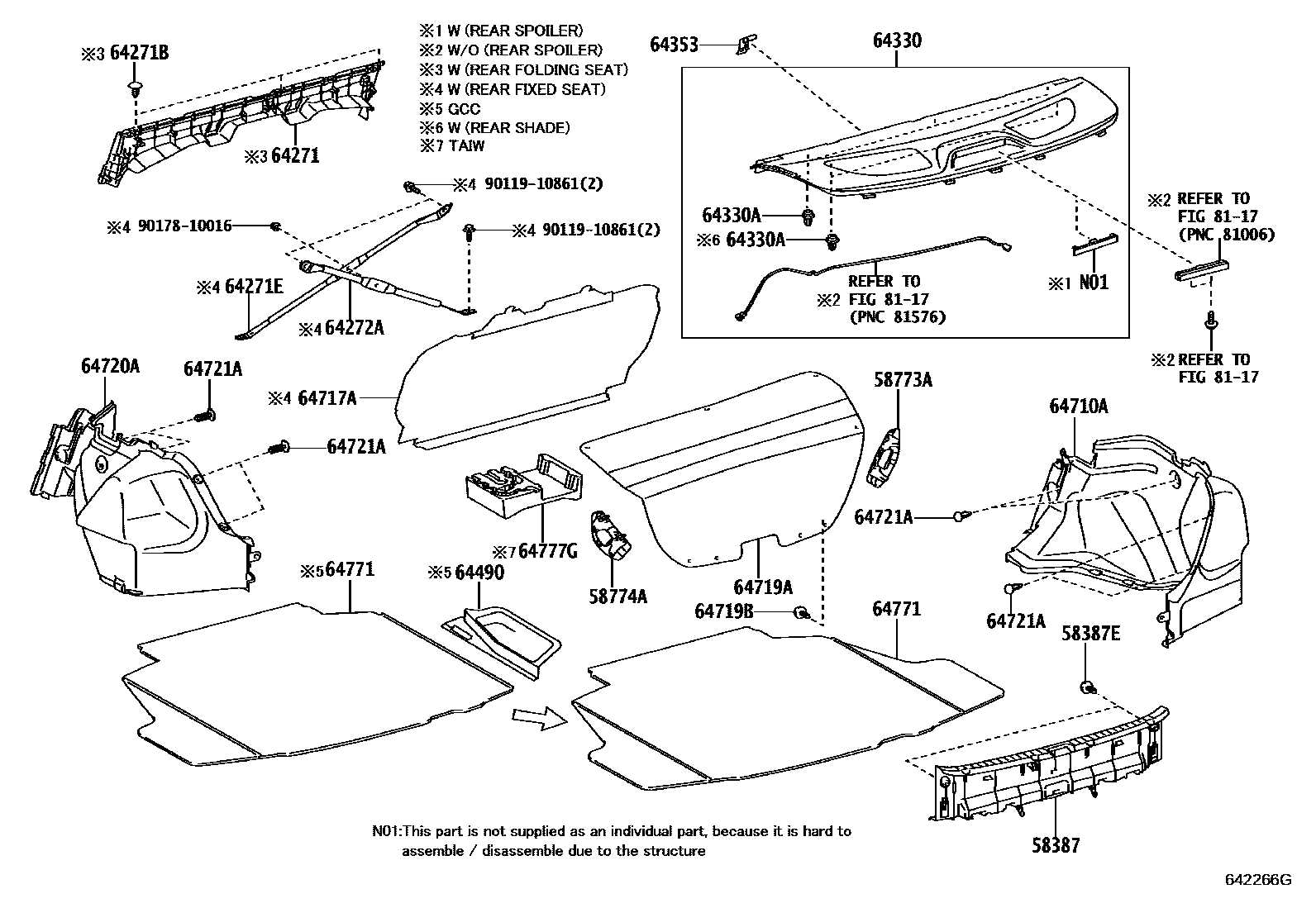 Toyota COROLLA 杂物箱板和行李箱垫 EPC diagram — 642266G