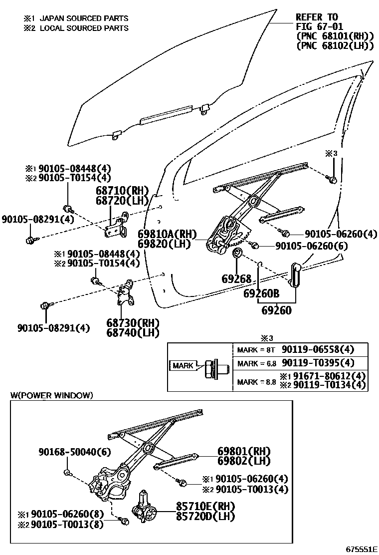 Toyota COROLLA 前门车窗升降器和合页 EPC diagram — 675551E