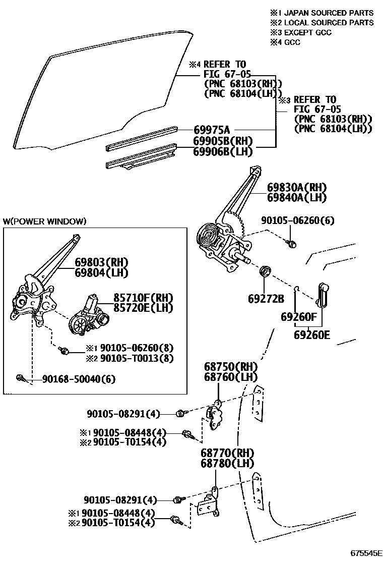 Toyota COROLLA 后门车窗升降器和合页 EPC diagram — 675545E