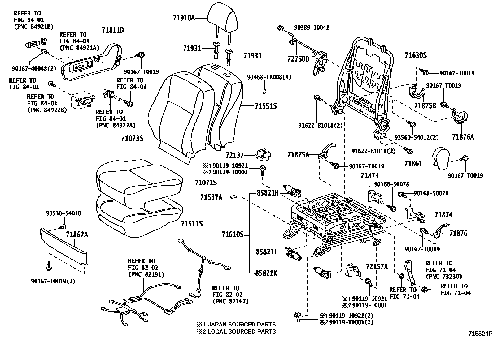 Toyota COROLLA 前排座椅和座椅滑轨 EPC diagram — 715524F