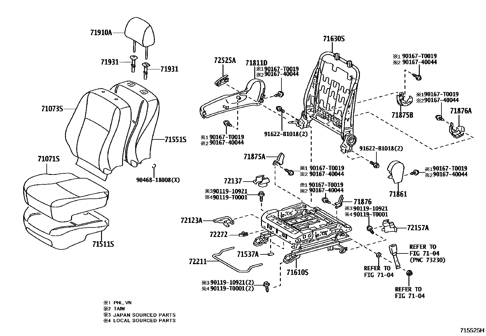 Toyota COROLLA 前排座椅和座椅滑轨 EPC diagram — 715525H