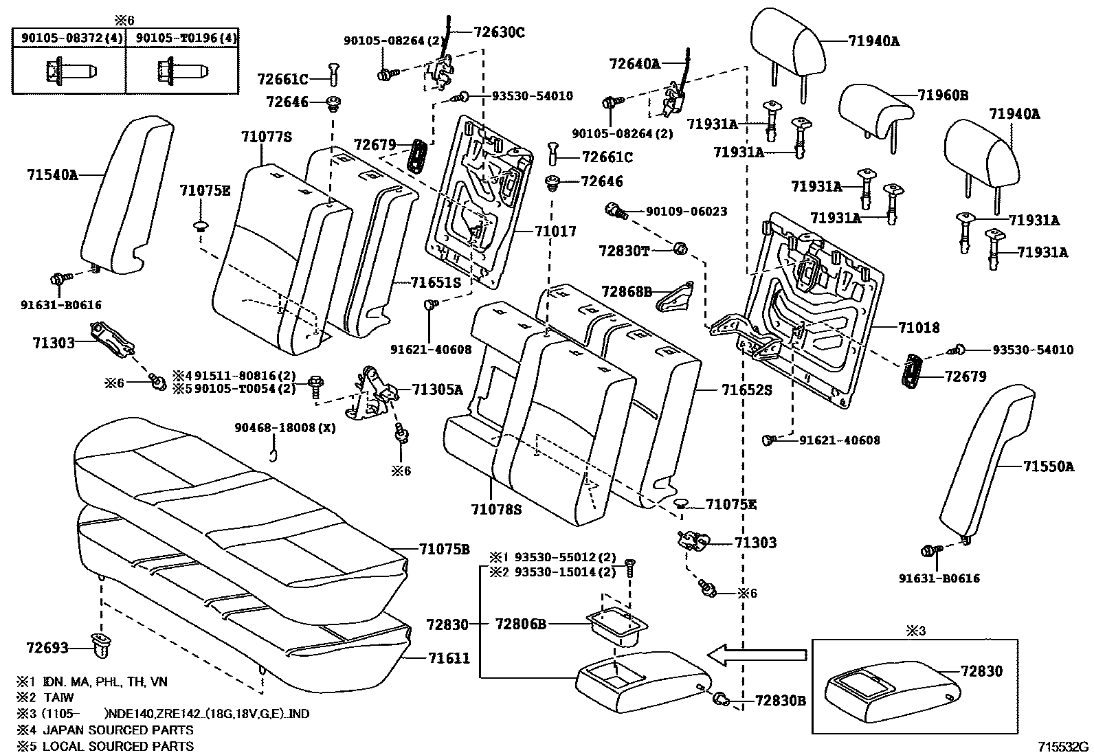 Toyota COROLLA 后排座椅和座椅滑轨 EPC diagram — 715532G