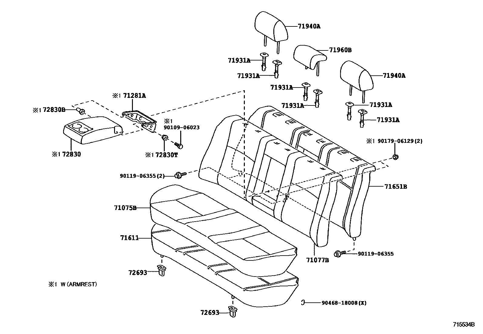 Toyota COROLLA 后排座椅和座椅滑轨 EPC diagram — 715534B