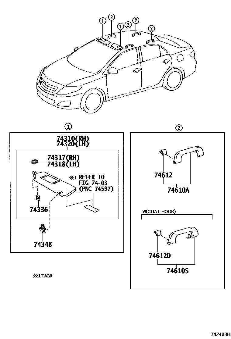 Toyota COROLLA 扶手和遮阳板 EPC diagram — 742483H