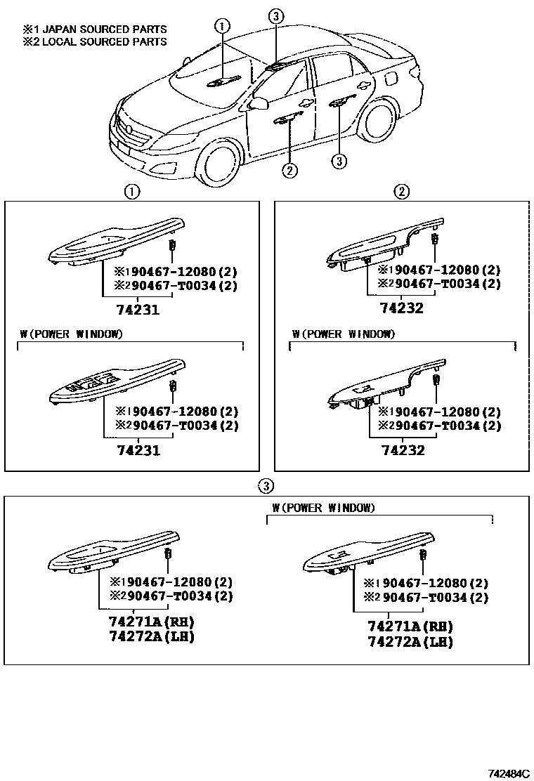 Toyota COROLLA 扶手和遮阳板 EPC diagram — 742484C