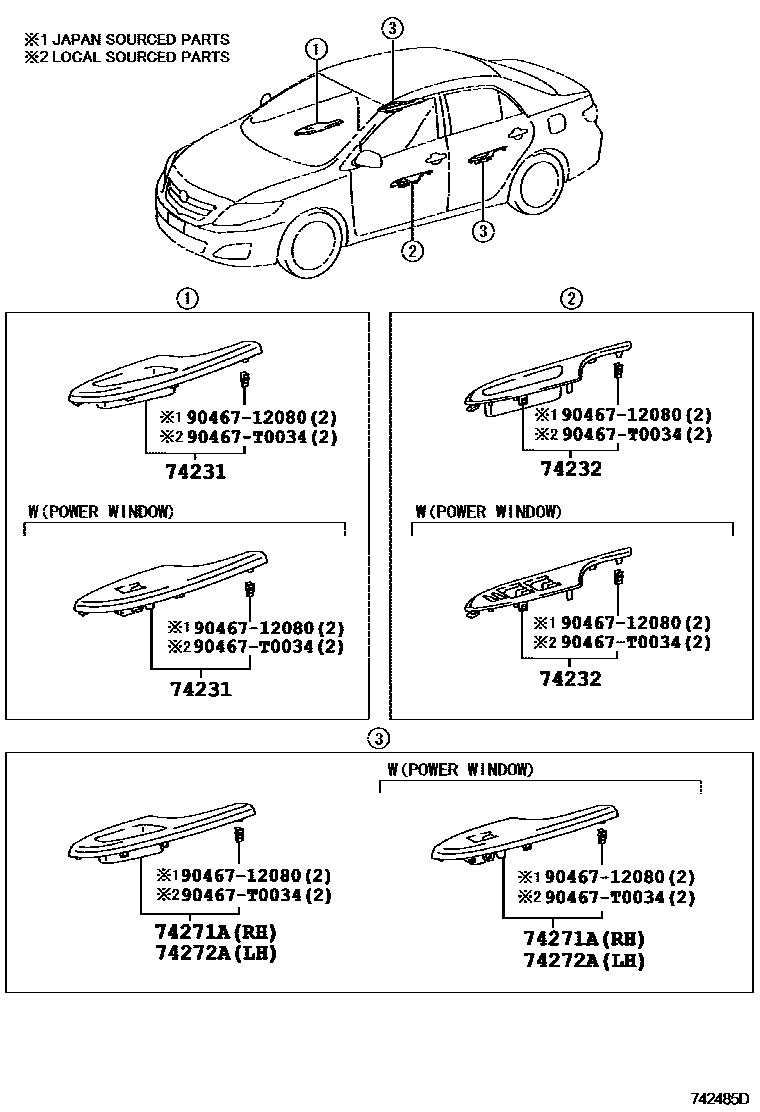 Toyota COROLLA 扶手和遮阳板 EPC diagram — 742485D