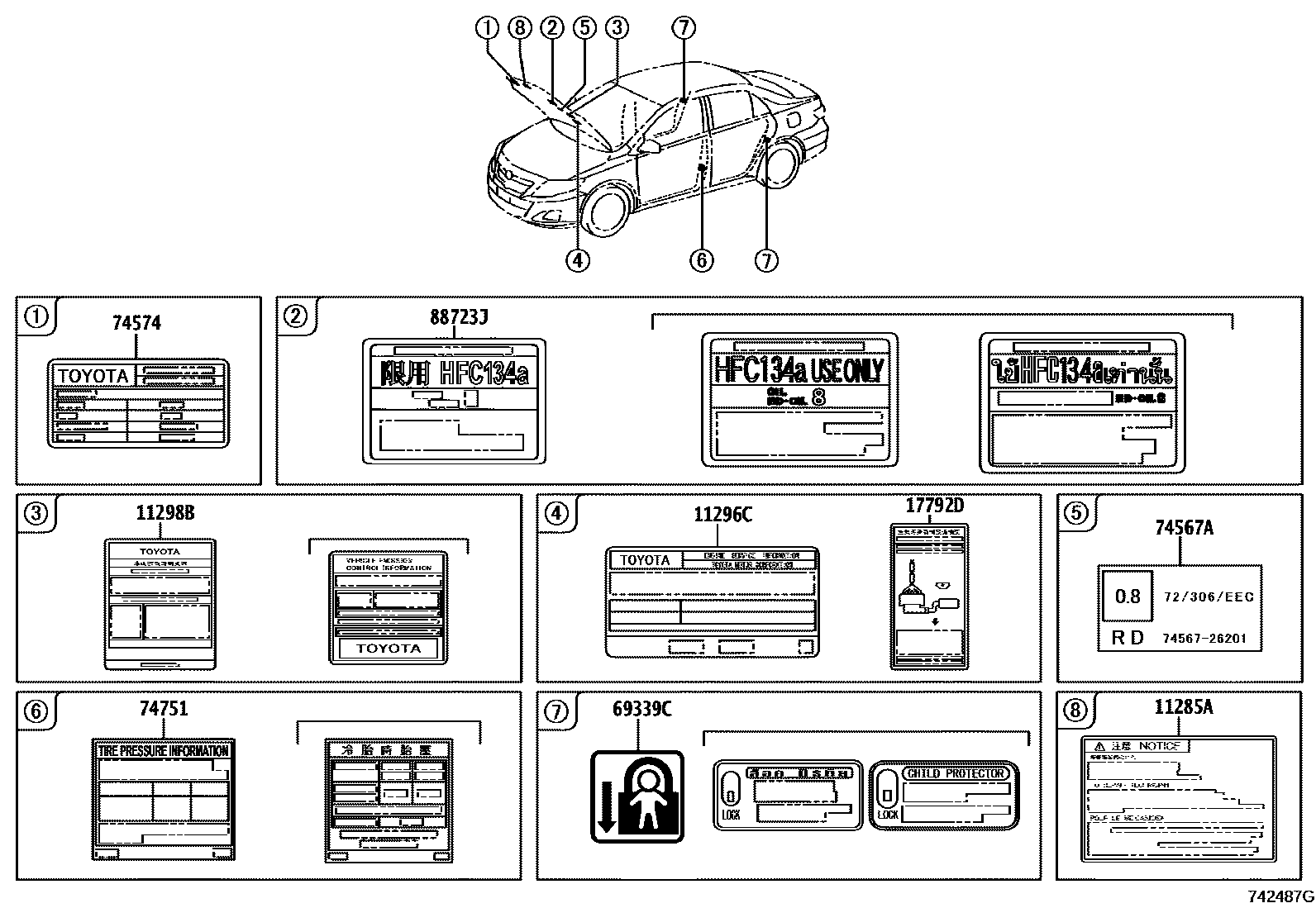 Toyota COROLLA 警示铭牌(车外和车内) EPC diagram — 742487G