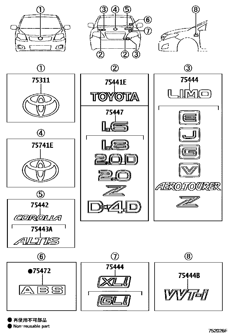 Toyota COROLLA 丰田徽标和铭牌(车外和车内) EPC diagram — 752026F