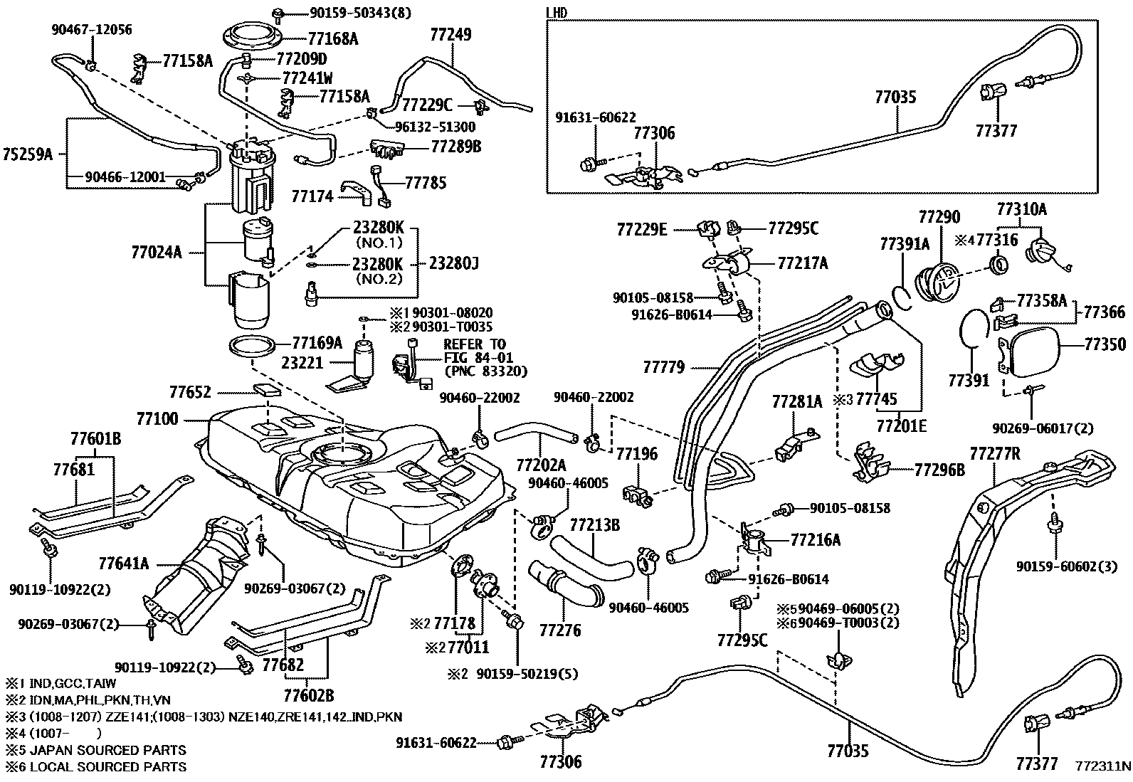 Toyota COROLLA 燃油箱和燃油管 EPC diagram — 772311N