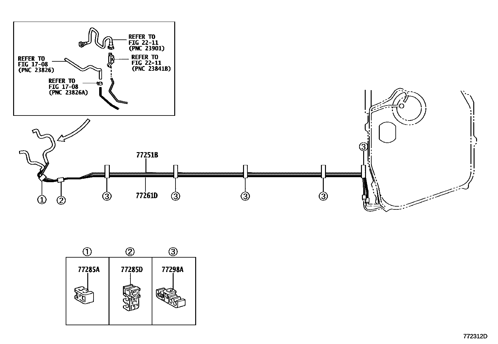 Toyota COROLLA 燃油箱和燃油管 EPC diagram — 772312D