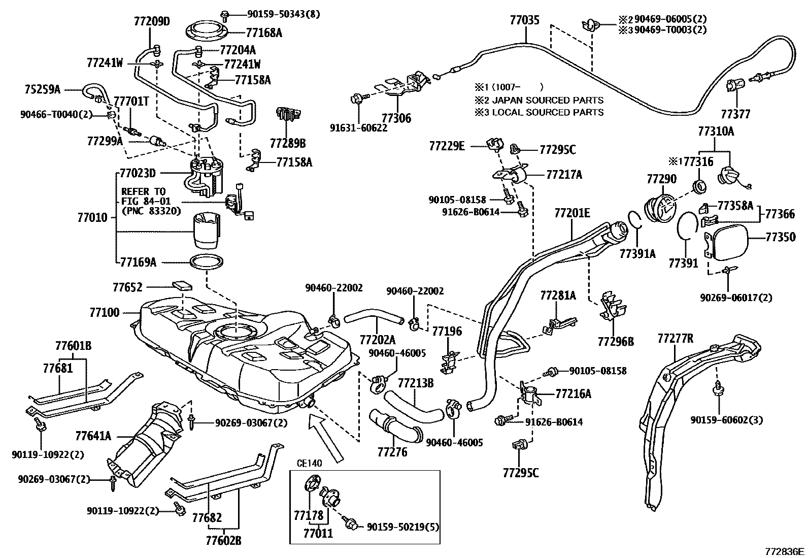 Toyota COROLLA 燃油箱和燃油管 EPC diagram — 772836E