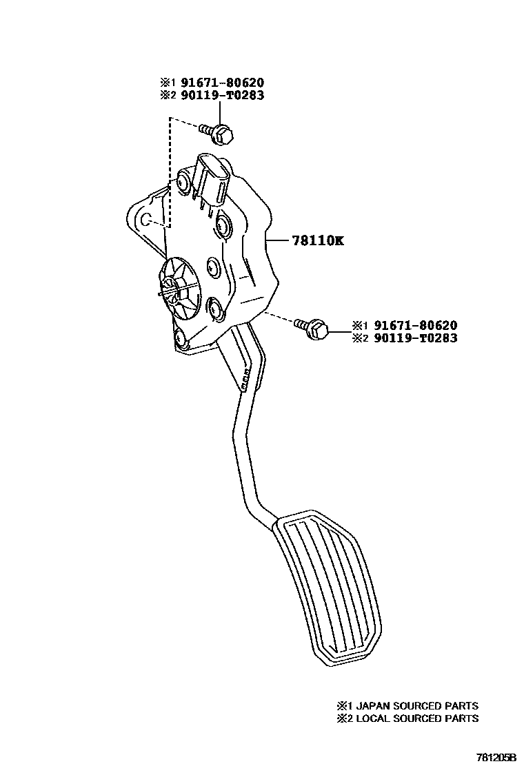 Toyota COROLLA accelerator pedal connecting rod EPC diagram — 781205B