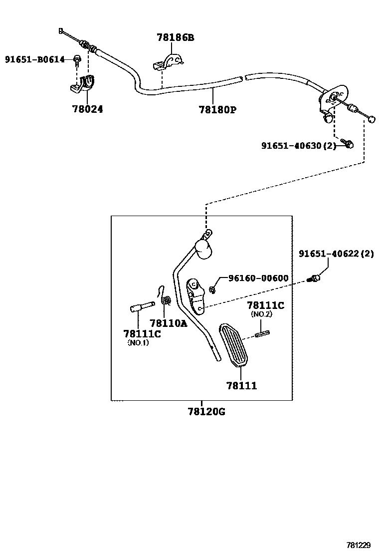 Toyota COROLLA accelerator pedal connecting rod EPC diagram — 781229