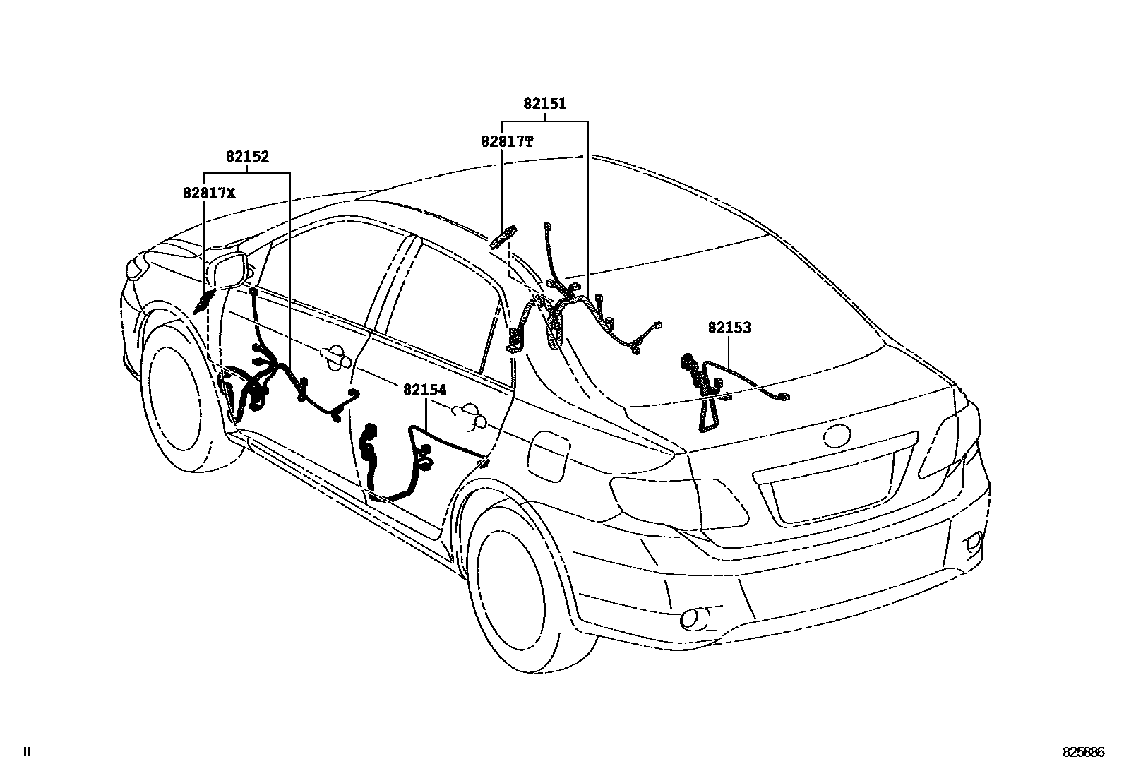 Toyota COROLLA 线束和卡夹 EPC diagram — 825886
