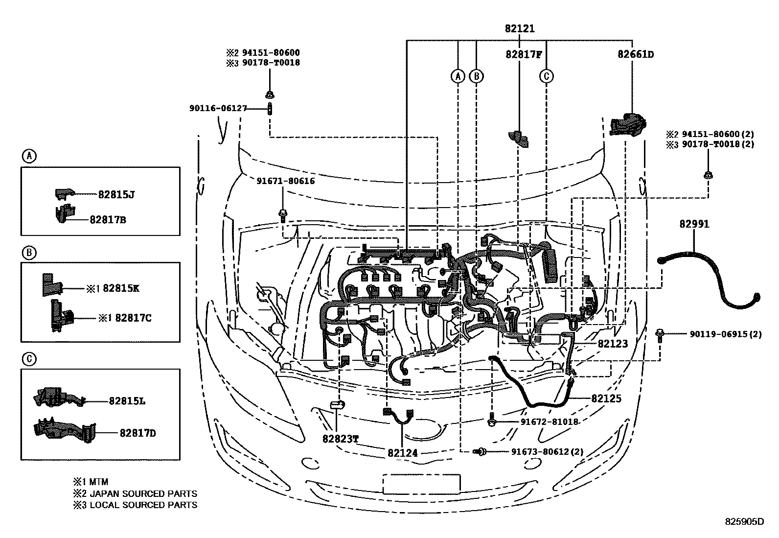 Toyota COROLLA 线束和卡夹 EPC diagram — 825905D