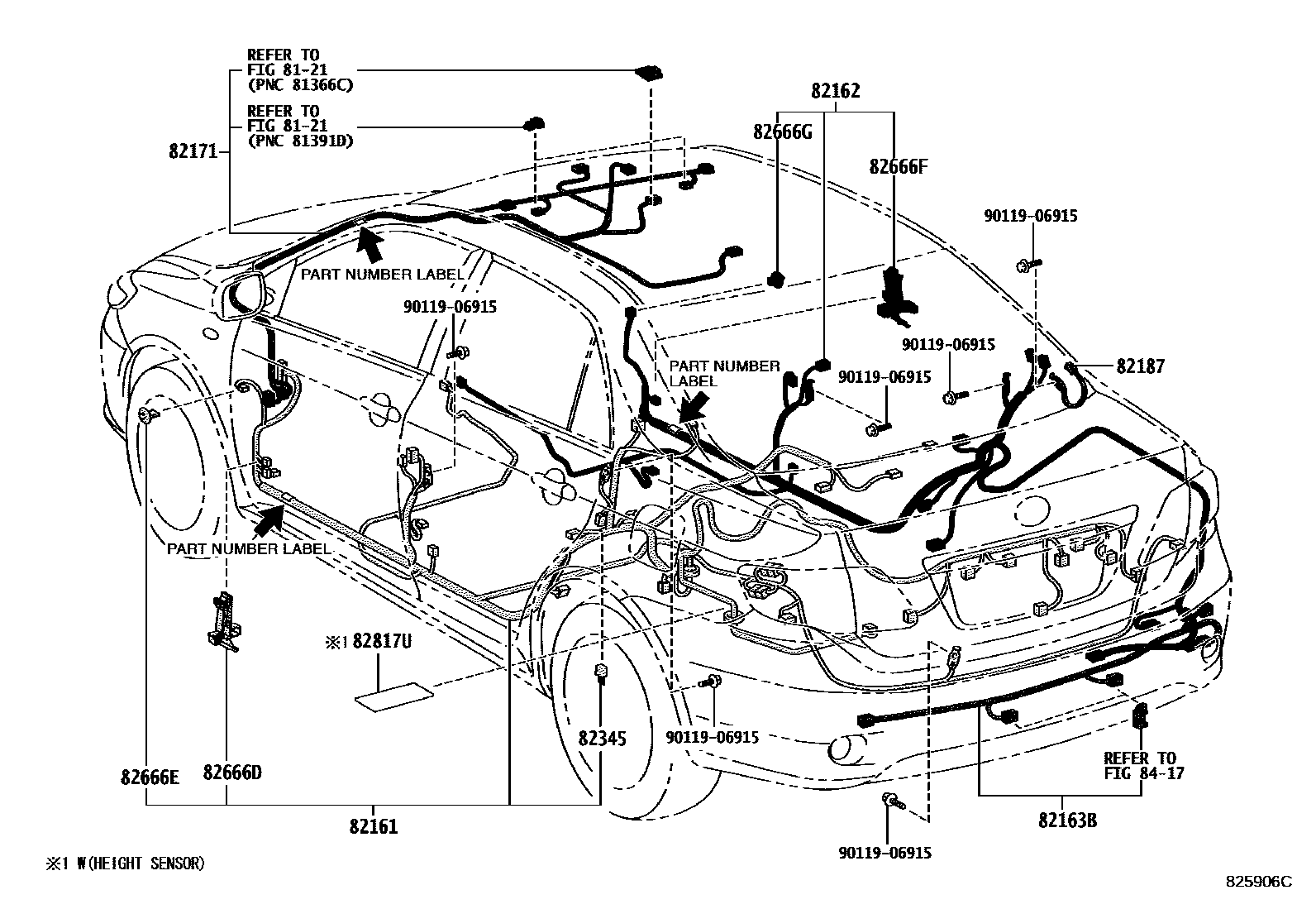 Toyota COROLLA 线束和卡夹 EPC diagram — 825906C