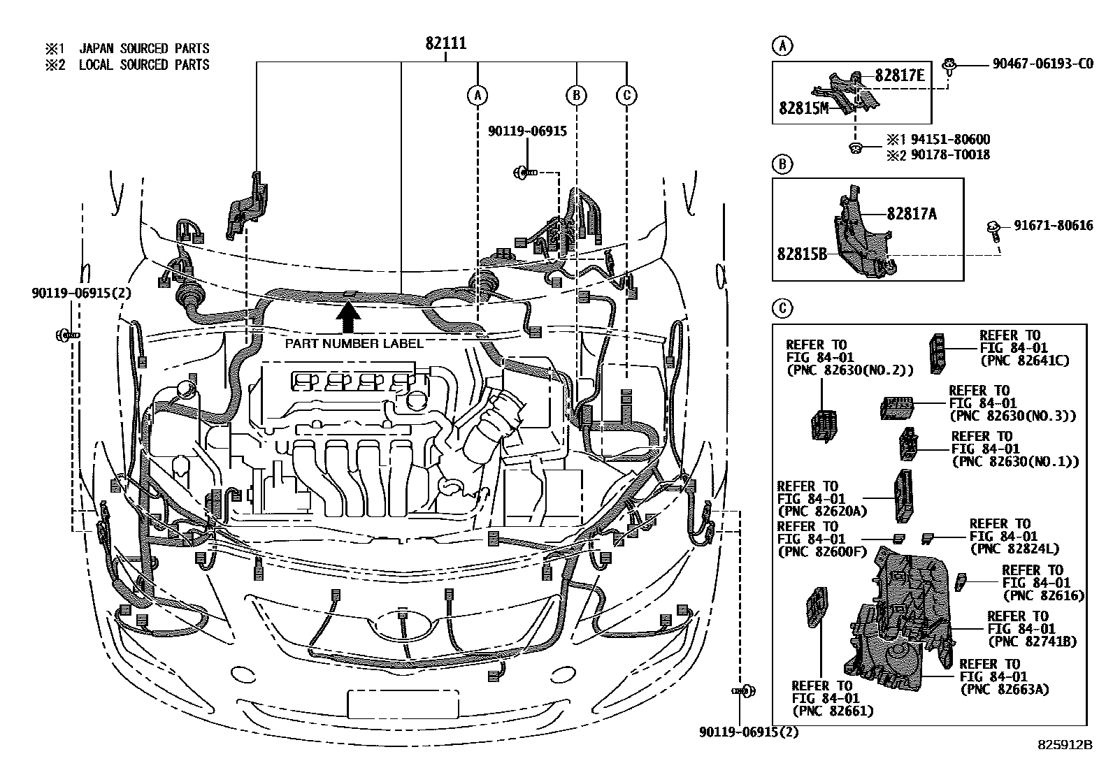 Toyota COROLLA 线束和卡夹 EPC diagram — 825912B