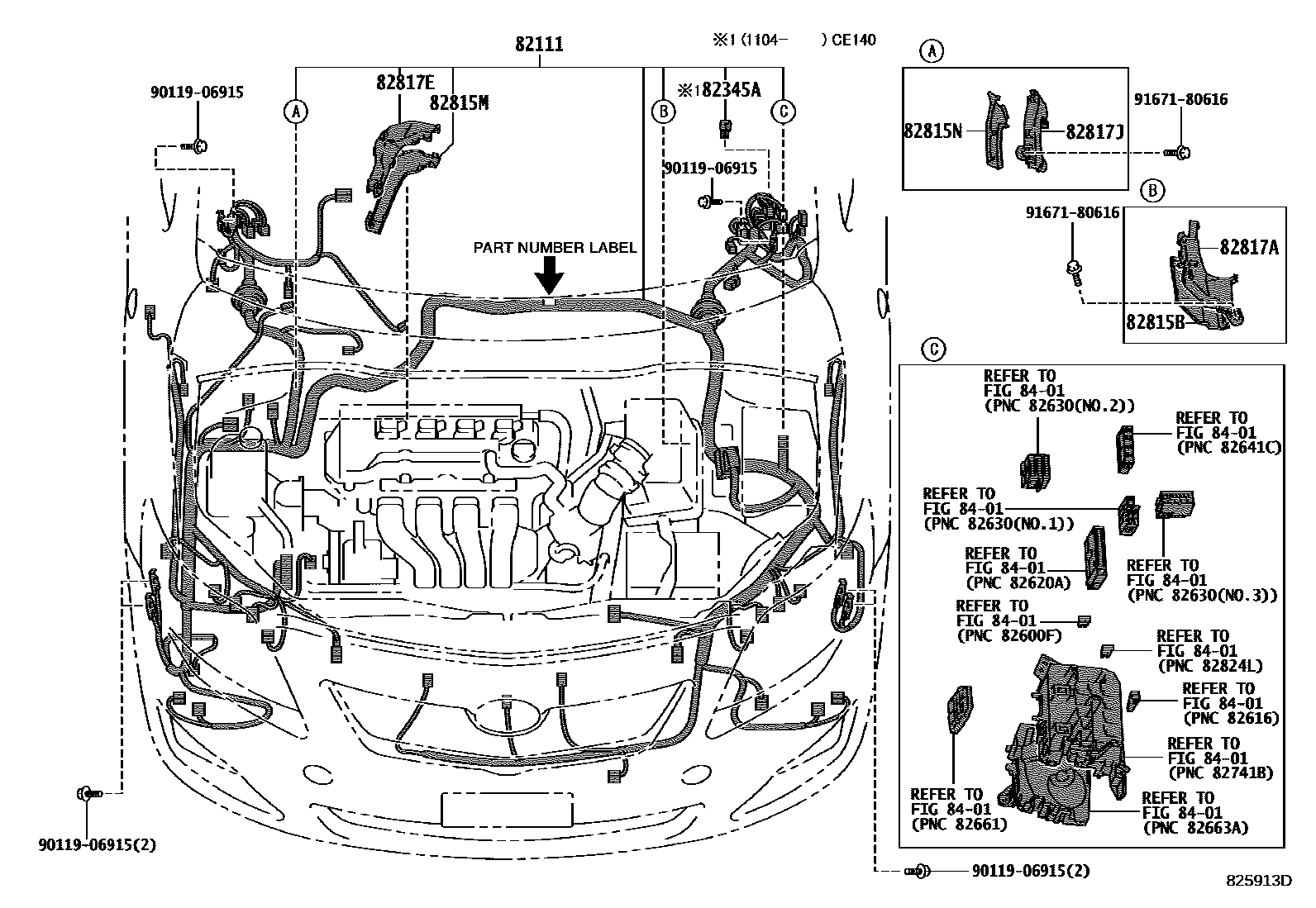 Toyota COROLLA 线束和卡夹 EPC diagram — 825913D