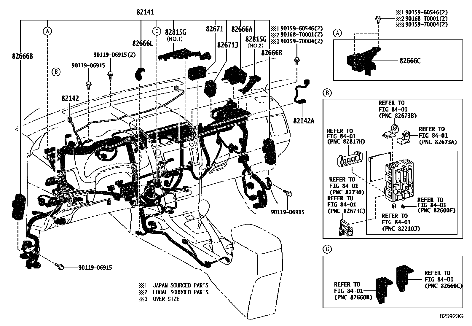 Toyota COROLLA 线束和卡夹 EPC diagram — 825923G