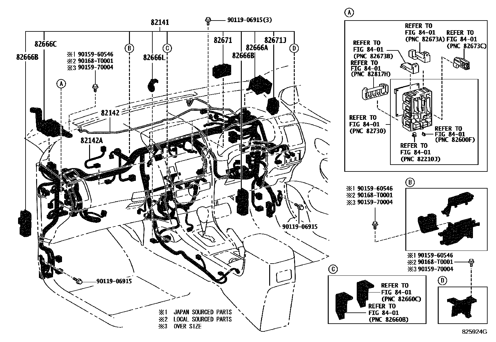 Toyota COROLLA 线束和卡夹 EPC diagram — 825924G