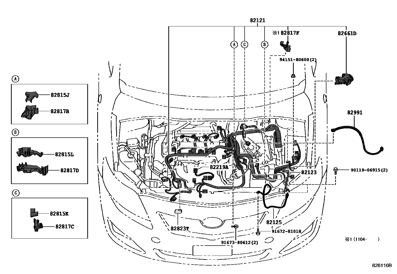Toyota COROLLA 线束和卡夹 EPC diagram — 826110B