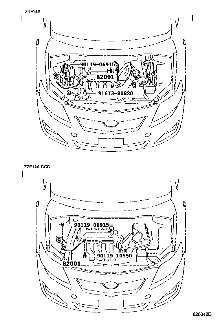 Toyota COROLLA 线束和卡夹 EPC diagram — 826342D