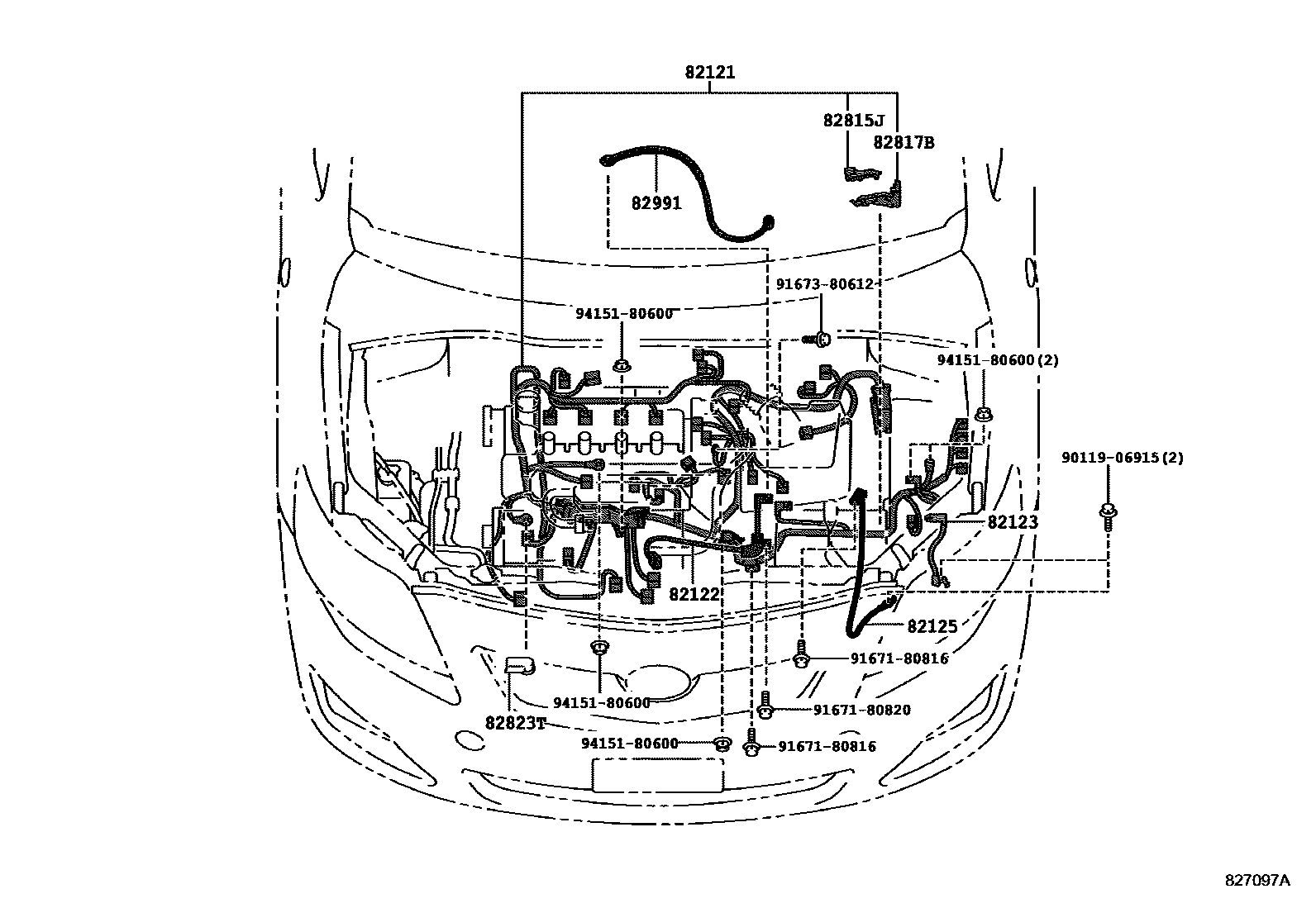 Toyota COROLLA 线束和卡夹 EPC diagram — 827097A