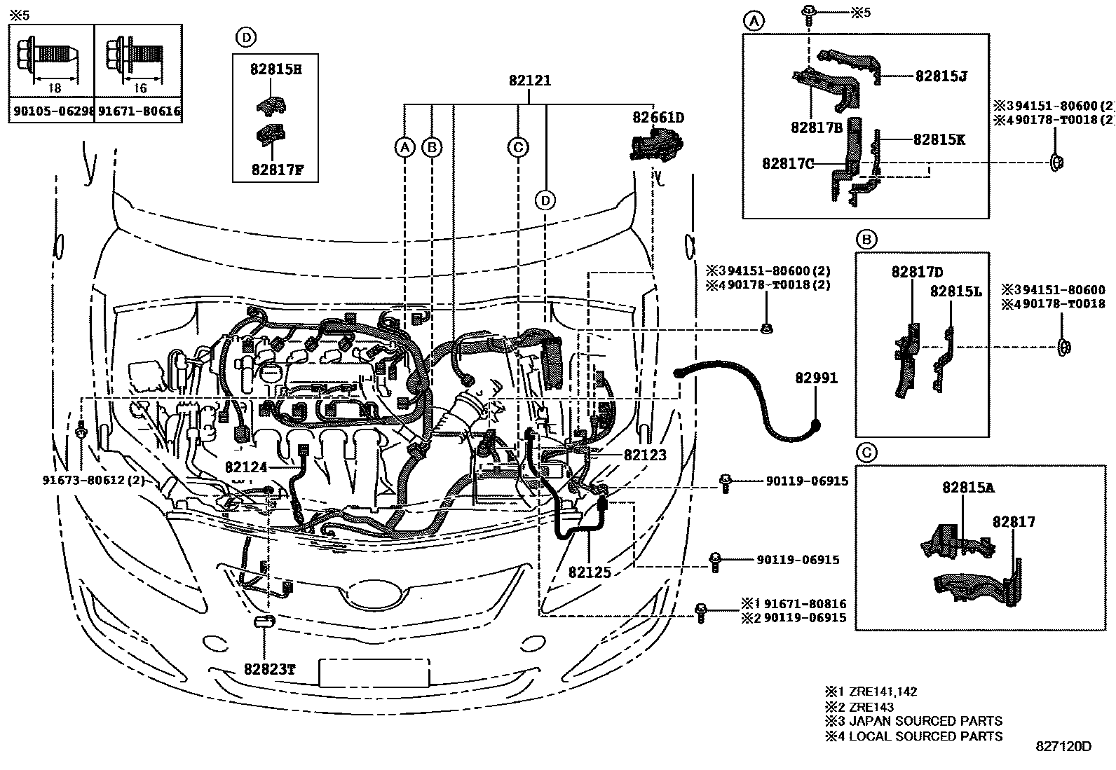 Toyota COROLLA 线束和卡夹 EPC diagram — 827120D