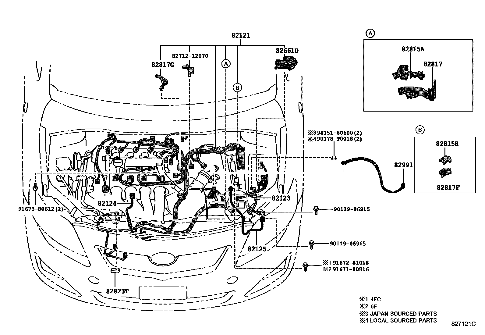 Toyota COROLLA 线束和卡夹 EPC diagram — 827121C