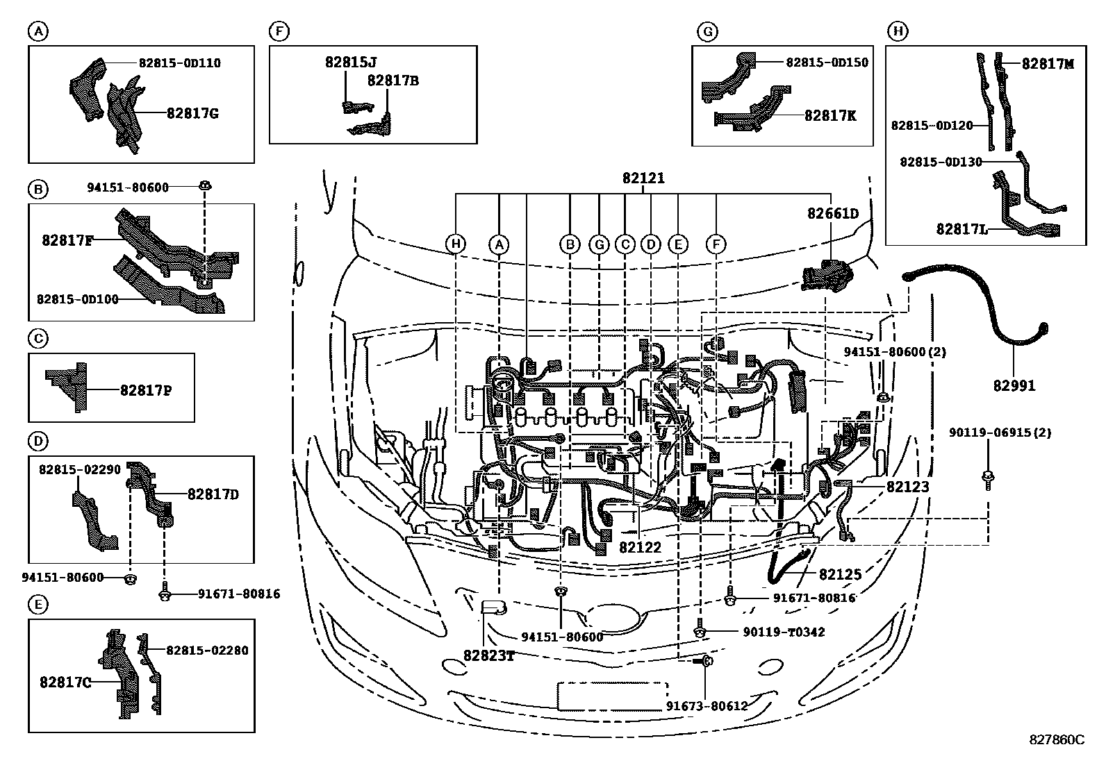 Toyota COROLLA 线束和卡夹 EPC diagram — 827860C