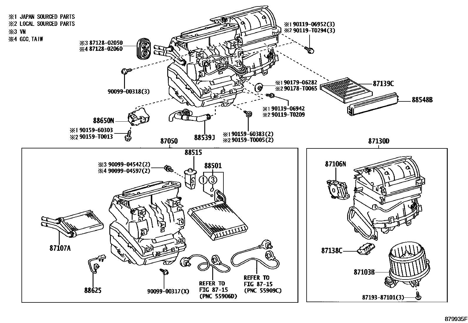 Toyota COROLLA 暖风和空调系统 - 冷却器组件 EPC diagram — 879935F
