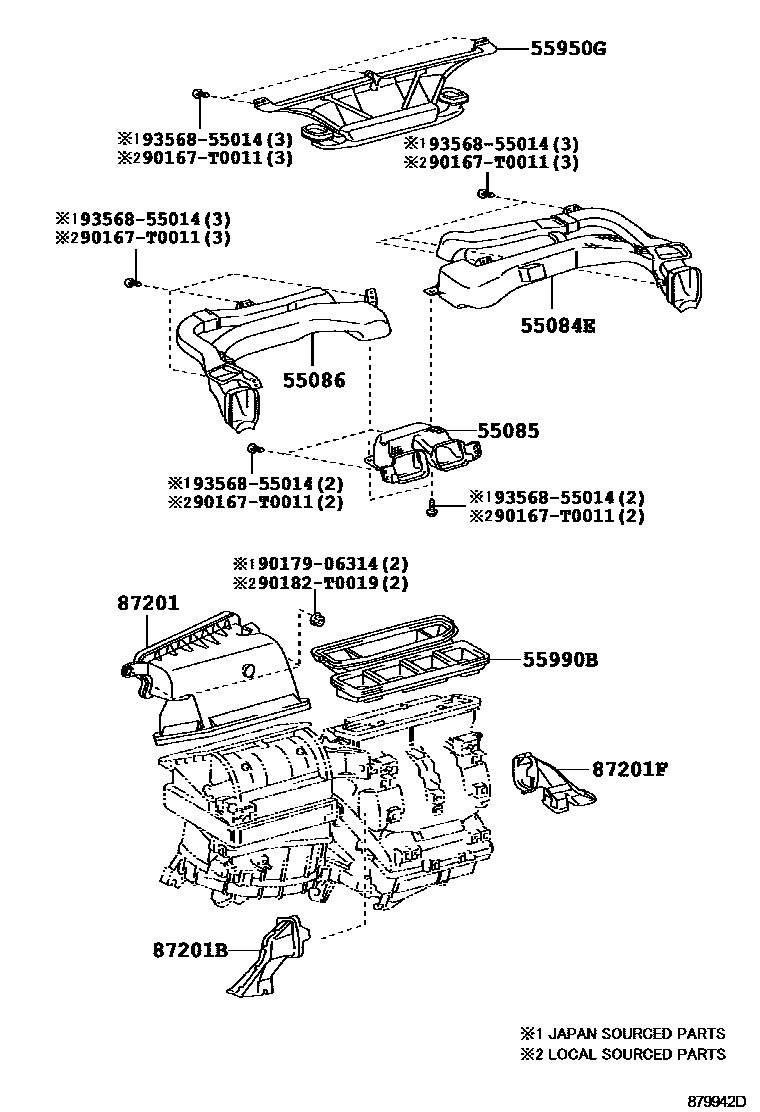 Toyota COROLLA 暖风和空调系统 - 控制器和风管 EPC diagram — 879942D