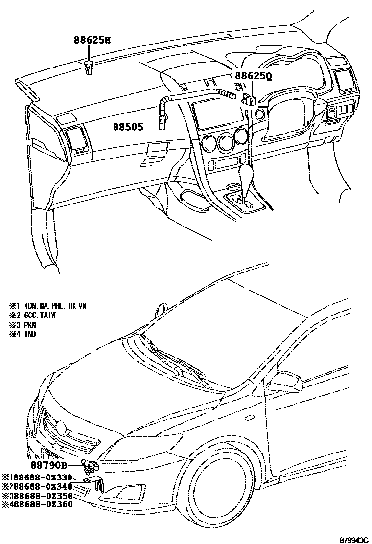 Toyota COROLLA 暖风和空调系统 - 控制器和风管 EPC diagram — 879943C