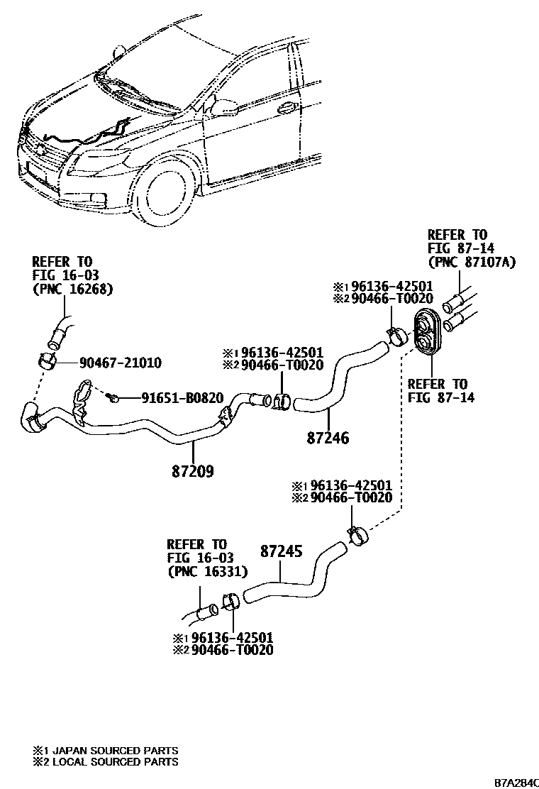 Toyota COROLLA 暖风和空调系统 - 水管 EPC diagram — 87A284C