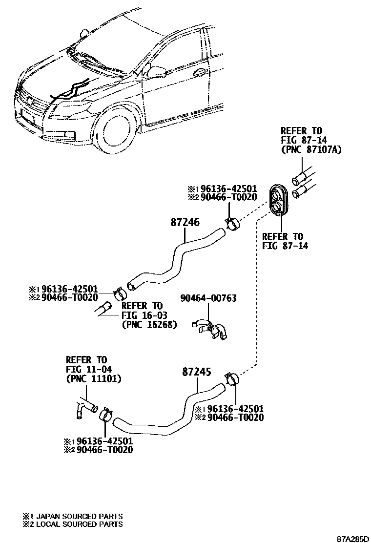 Toyota COROLLA 暖风和空调系统 - 水管 EPC diagram — 87A285D