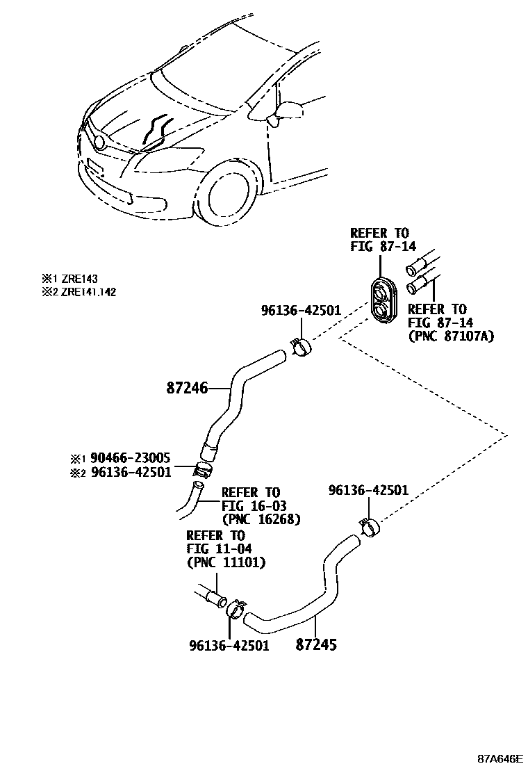 Toyota COROLLA 暖风和空调系统 - 水管 EPC diagram — 87A646E