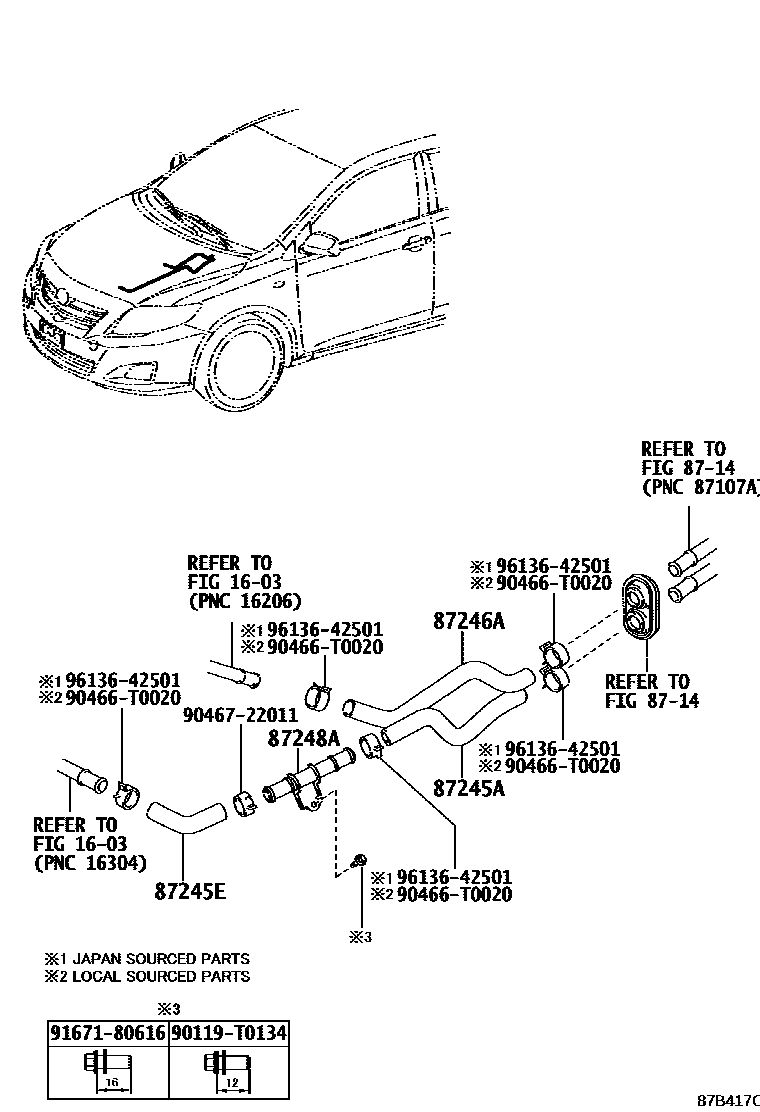 Toyota COROLLA 暖风和空调系统 - 水管 EPC diagram — 87B417C